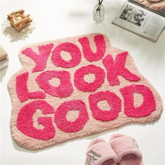 Pink You Look Good Bath Mat Non Slip Funny Cute Rug for Bathroom or Bedroom - Picture 1 of 7